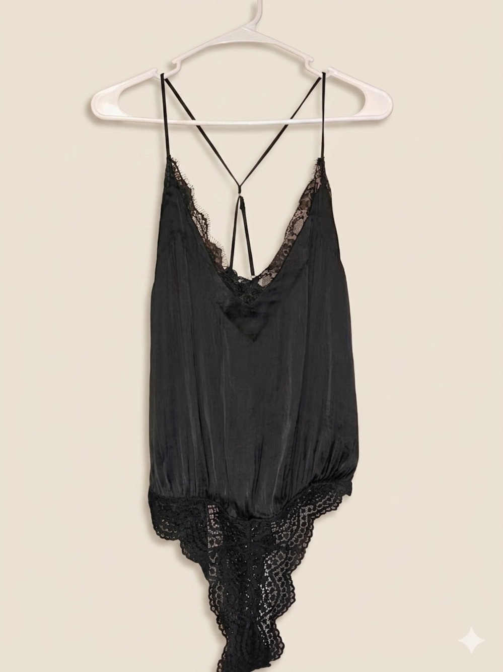 Black Lace-Trim Satin Bodysuit - Women Intimates